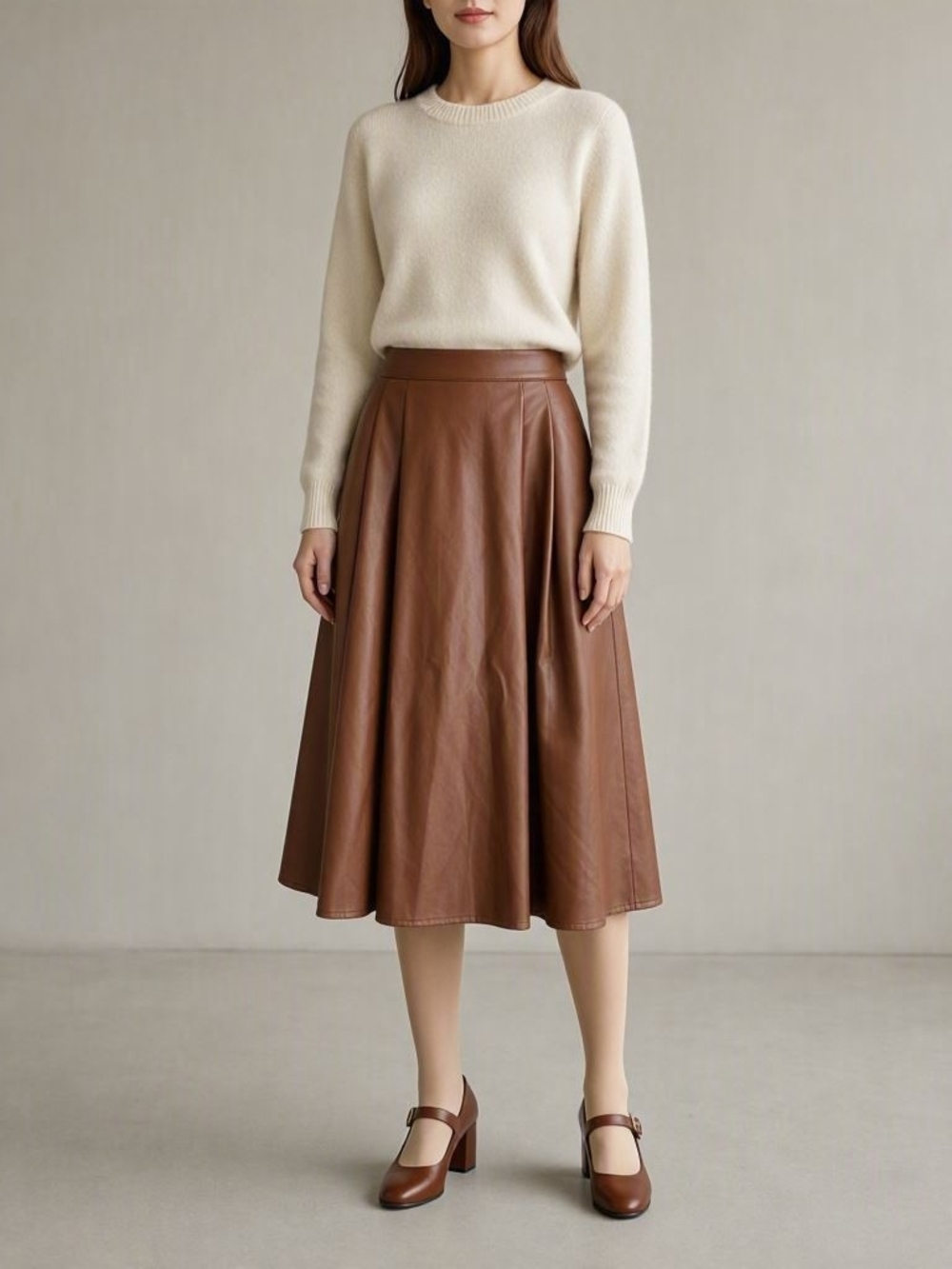 High-Waist Midi A-Line Faux Leather Skirt in Chestnut Brown